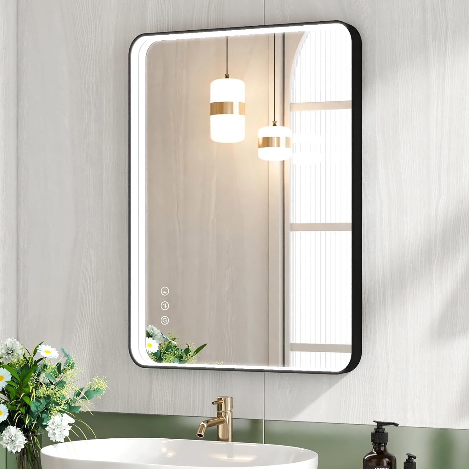 Twalsu 20x28 Inch LED Bathroom Mirror with Lights, Black Metal Framed LED Mirror for Bathroom, 3 Colors and Stepless Dimmable Wall Mounted Lighted Bathroom Vanity Mirror, Anti-Fog, Memory