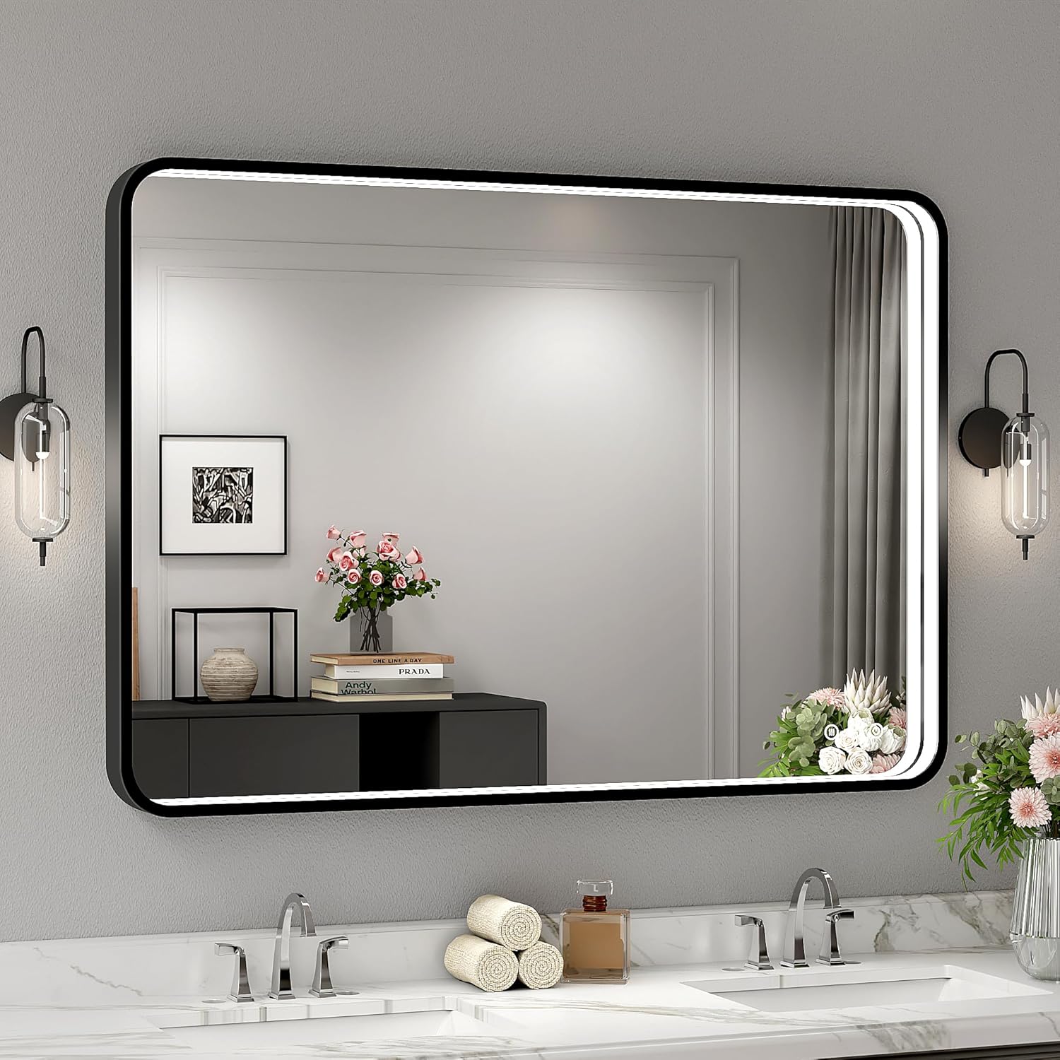 Twalsu 40x28 Inch LED Bathroom Mirror, Black Metal Framed Lighted Mirror for Bathroom, Wall Mouted LED Vanity Mirror with Lights, 3 Colors and Stepless Dimmable, Anti-Fog, Memory