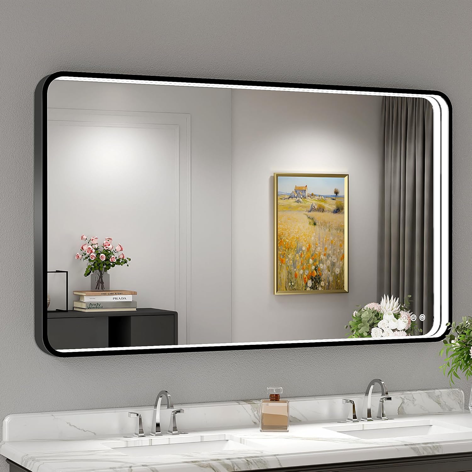 Twalsu 48x28 Inch LED Bathroom Mirror with Lights, Black Metal Framed LED Mirror for Bathroom, 3 Colors and Stepless Dimmable Wall Mounted Lighted Bathroom Vanity Mirror, Anti-Fog, Memory