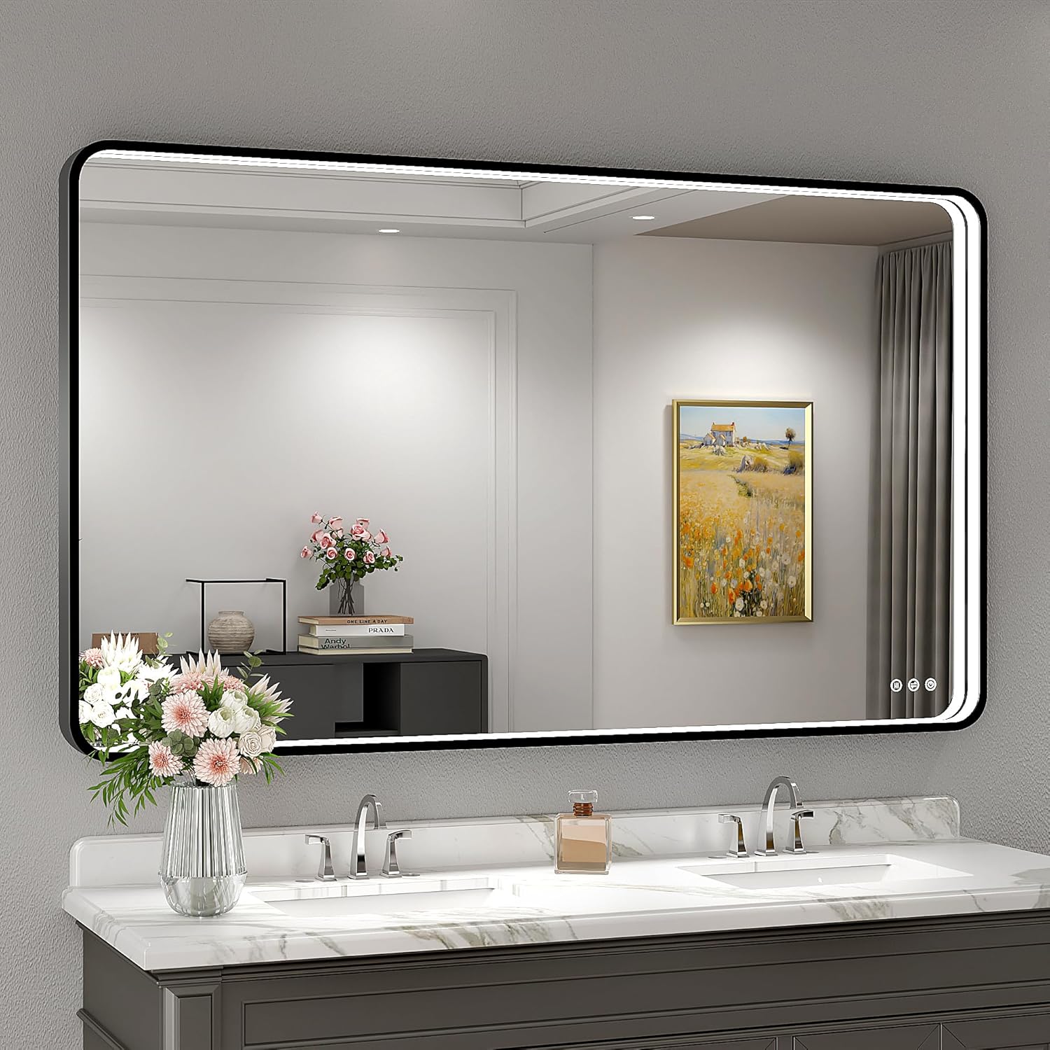 Twalsu 55x32 Inch LED Bathroom Mirror with Lights, Black Metal Framed LED Mirror for Bathroom, 3 Colors and Stepless Dimmable Wall Mounted Lighted Bathroom Vanity Mirror, Anti-Fog, Memory