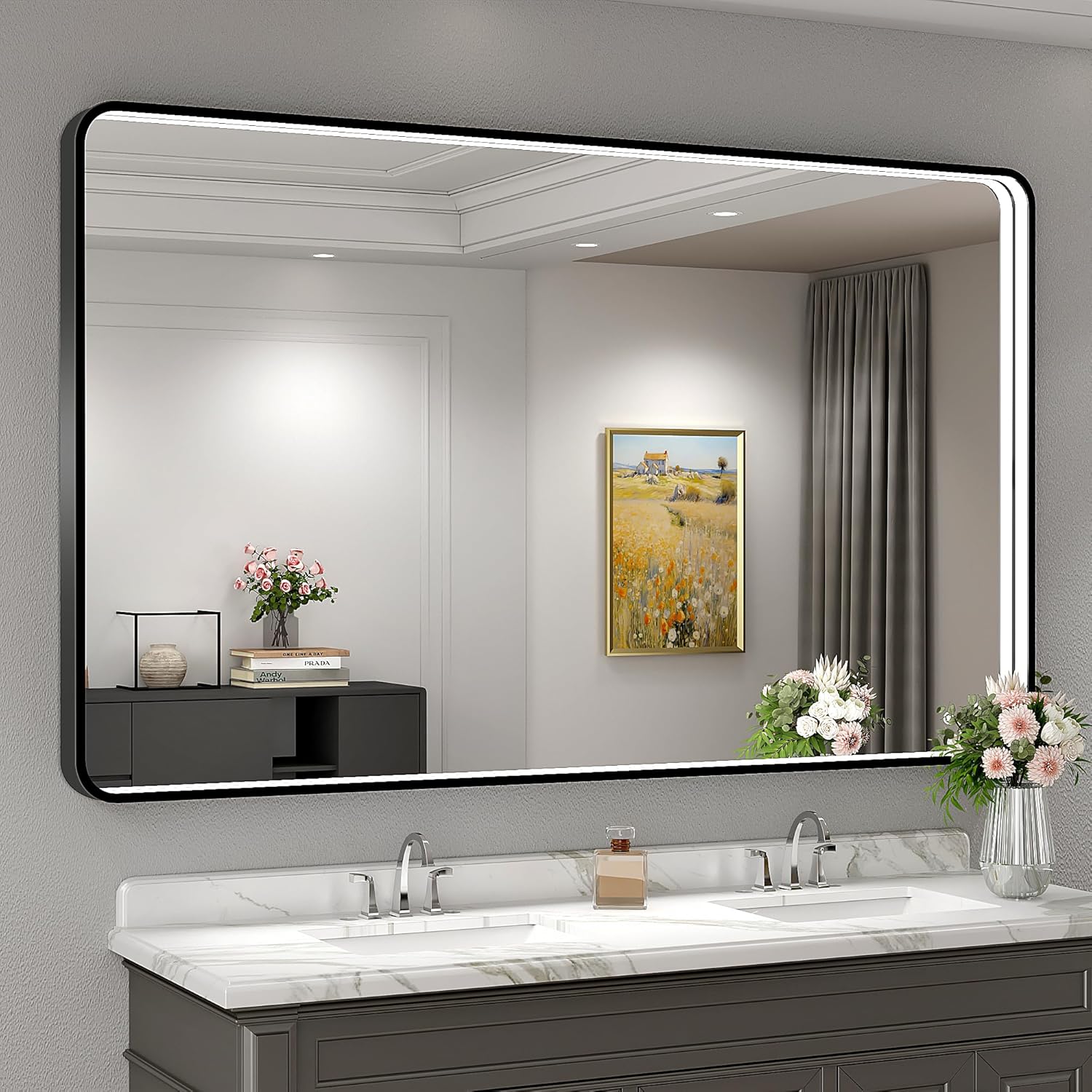 Twalsu 60x36 Inch LED Bathroom Mirror with Lights, Black Metal Framed LED Mirror for Bathroom, 3 Colors and Stepless Dimmable Wall Mounted Lighted Bathroom Vanity Mirror, Anti-Fog, Memory
