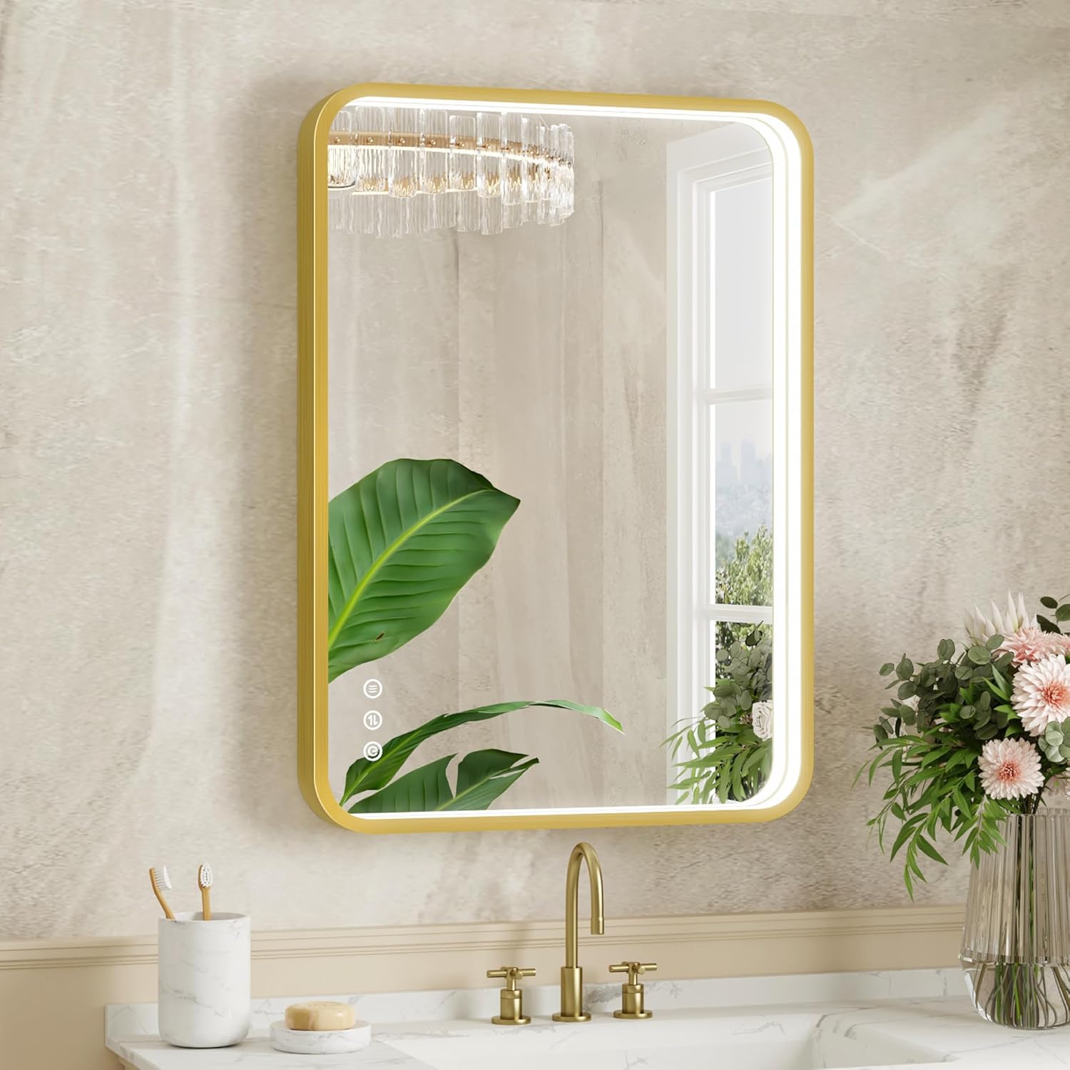 Twalsu LED Bathroom Mirror with Lights, 20x28 Inch Brushed Gold Metal Frame LED Mirror for Bathroom, Stepless Dimmable 3 Colors Wall Mounted Lighted Bathroom Vanity Mirror, Anti-Fog, Memory