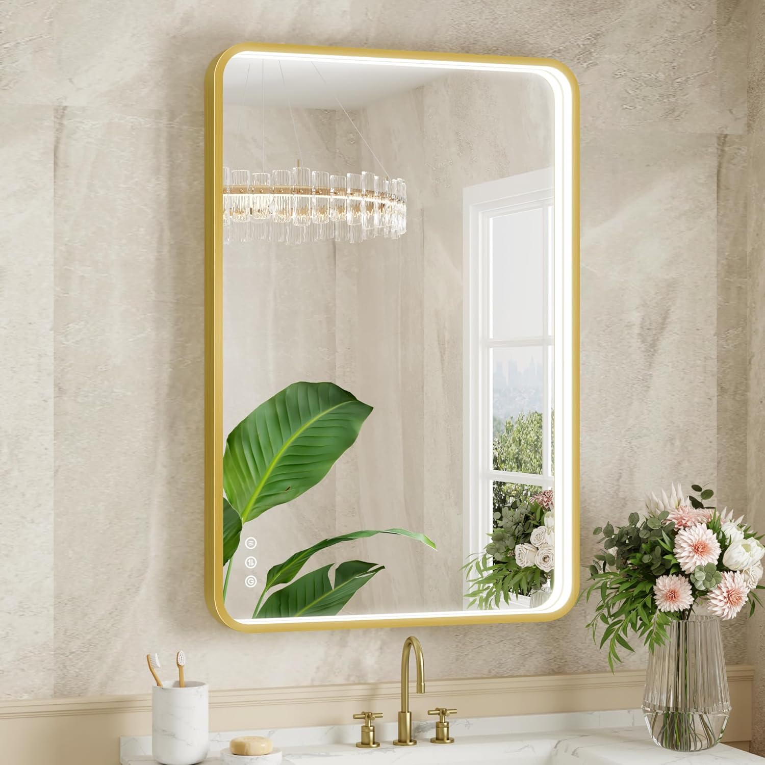 Twalsu 24x36 Inch LED Bathroom Mirror, Gold Metal Framed Lighted Mirror for Bathroom, Wall Mouted LED Vanity Mirror with Lights, 3 Colors and Stepless Dimmable, Anti-Fog, Memory