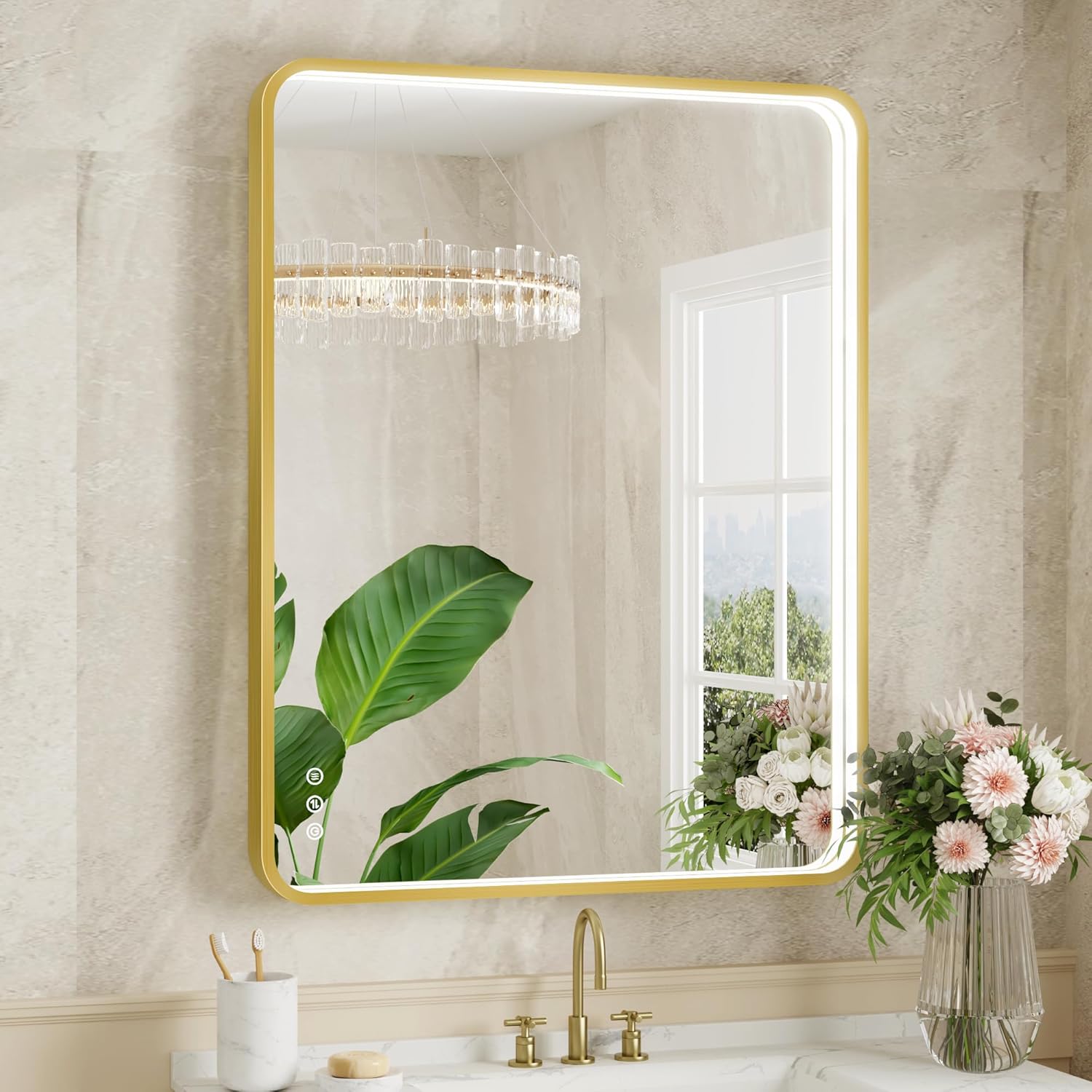 Twalsu LED Bathroom Mirror with Lights, 28x36 Inch Gold Metal Framed LED Mirror for Bathroom, 3 Colors and Stepless Dimmable Wall Mounted Lighted Bathroom Vanity Mirror, Anti-Fog, Memory
