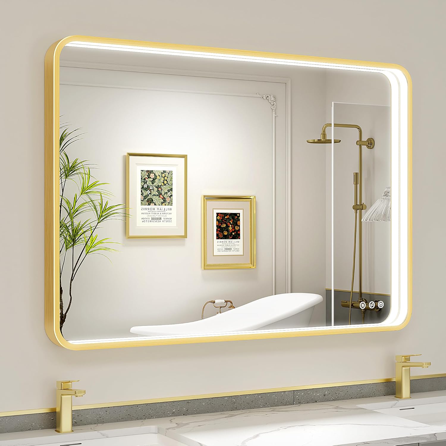 Twalsu LED Bathroom Mirror with Lights, 40x28 Inch Gold Metal Framed LED Mirror for Bathroom, 3 Colors and Stepless Dimmable Wall Mounted Lighted Bathroom Vanity Mirror, Anti-Fog, Memory