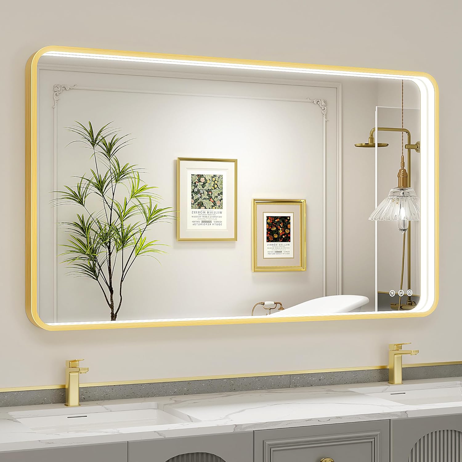 Twalsu LED Bathroom Mirror with Lights, 48x28 Inch Gold Metal Framed LED Mirror for Bathroom, 3 Colors and Stepless Dimmable Wall Mounted Lighted Bathroom Vanity Mirror, Anti-Fog, Memory