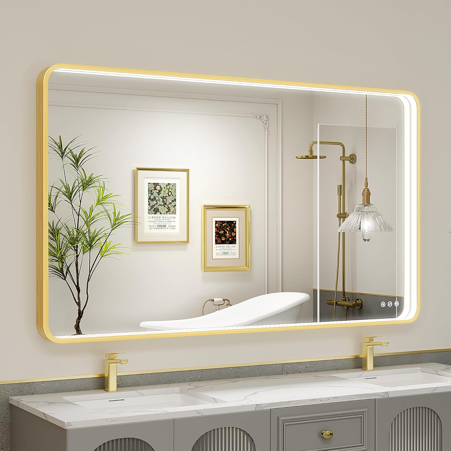 Twalsu 55x32 Inch LED Bathroom Mirror, Gold Metal Framed Lighted Mirror for Bathroom, Wall Mouted LED Vanity Mirror with Lights, 3 Colors and Stepless Dimmable, Anti-Fog, Memory