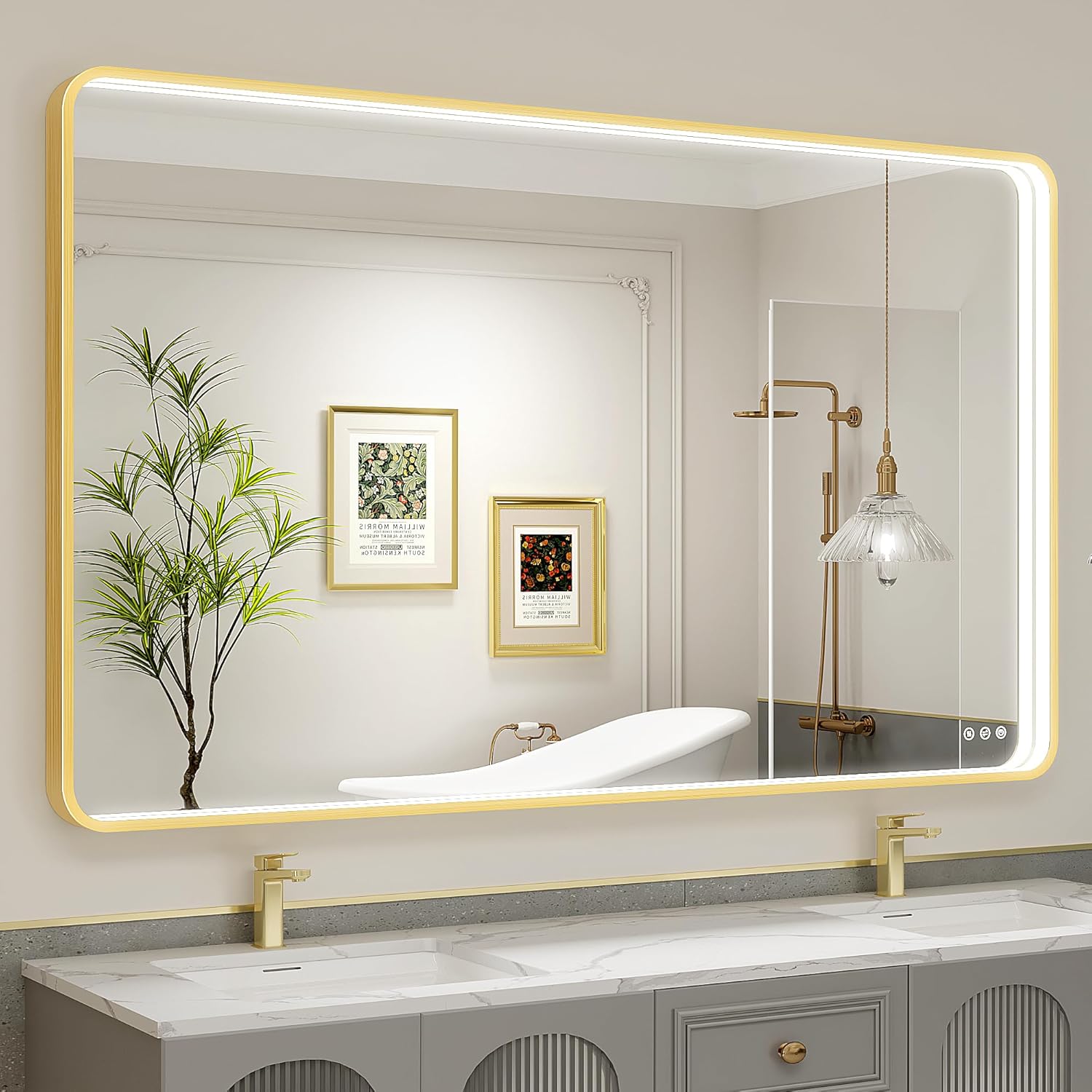 Twalsu 60x36 Inch LED Bathroom Mirror with Lights, Gold Metal Framed LED Mirror for Bathroom, 3 Colors and Stepless Dimmable Wall Mounted Lighted Bathroom Vanity Mirror, Anti-Fog, Memory