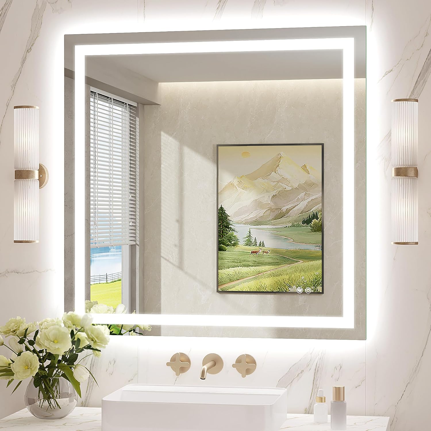 Twalsu LED Mirror for Bathroom 36x36 Lighted Bathroom Vanity Mirrors with Lights, Brighter Frontlit and Backlit Anti-Fog Mirror, Tempered Glass, Dimmable 3 Colors Light Modes, Memory Function