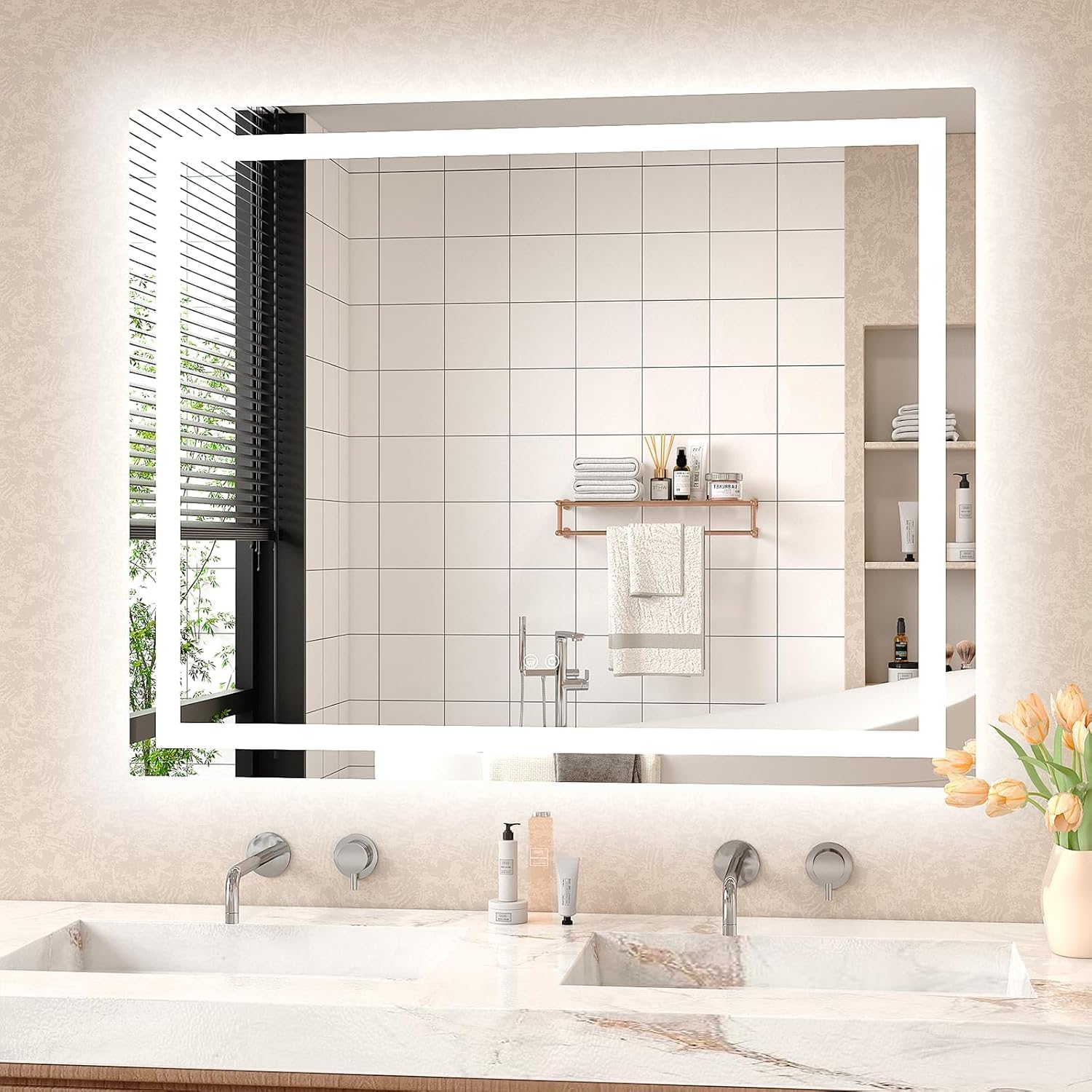 Twalsu LED Mirror for Bathroom 40x32 Lighted Bathroom Vanity Mirrors with Lights, Brighter Frontlit and Backlit Anti-Fog Mirror, Tempered Glass, Dimmable 3 Colors Light Modes, Memory Function