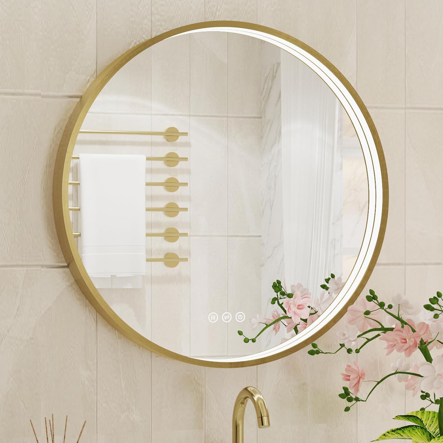 Twalsu 24 Inch Round LED Bathroom Mirror, Gold Metal Framed Lighted Mirror for Bathroom, Wall Mouted LED Vanity Mirror with Lights, 3 Colors and Stepless Dimmable, Anti-Fog, Memory