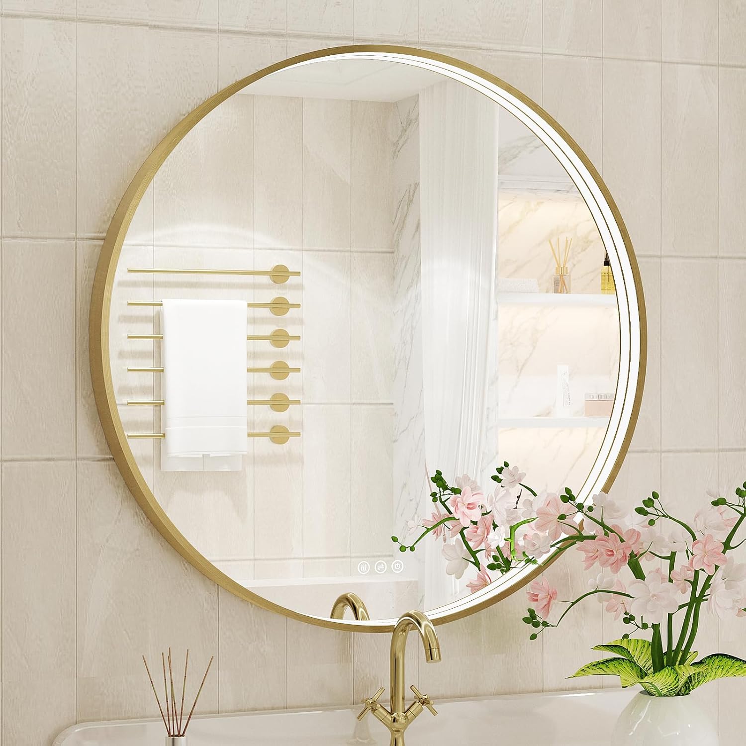 Twalsu 32 Inch Round LED Bathroom Mirror, Gold Metal Framed Lighted Mirror for Bathroom, Wall Mouted LED Vanity Mirror with Lights, 3 Colors and Stepless Dimmable, Anti-Fog, Memory