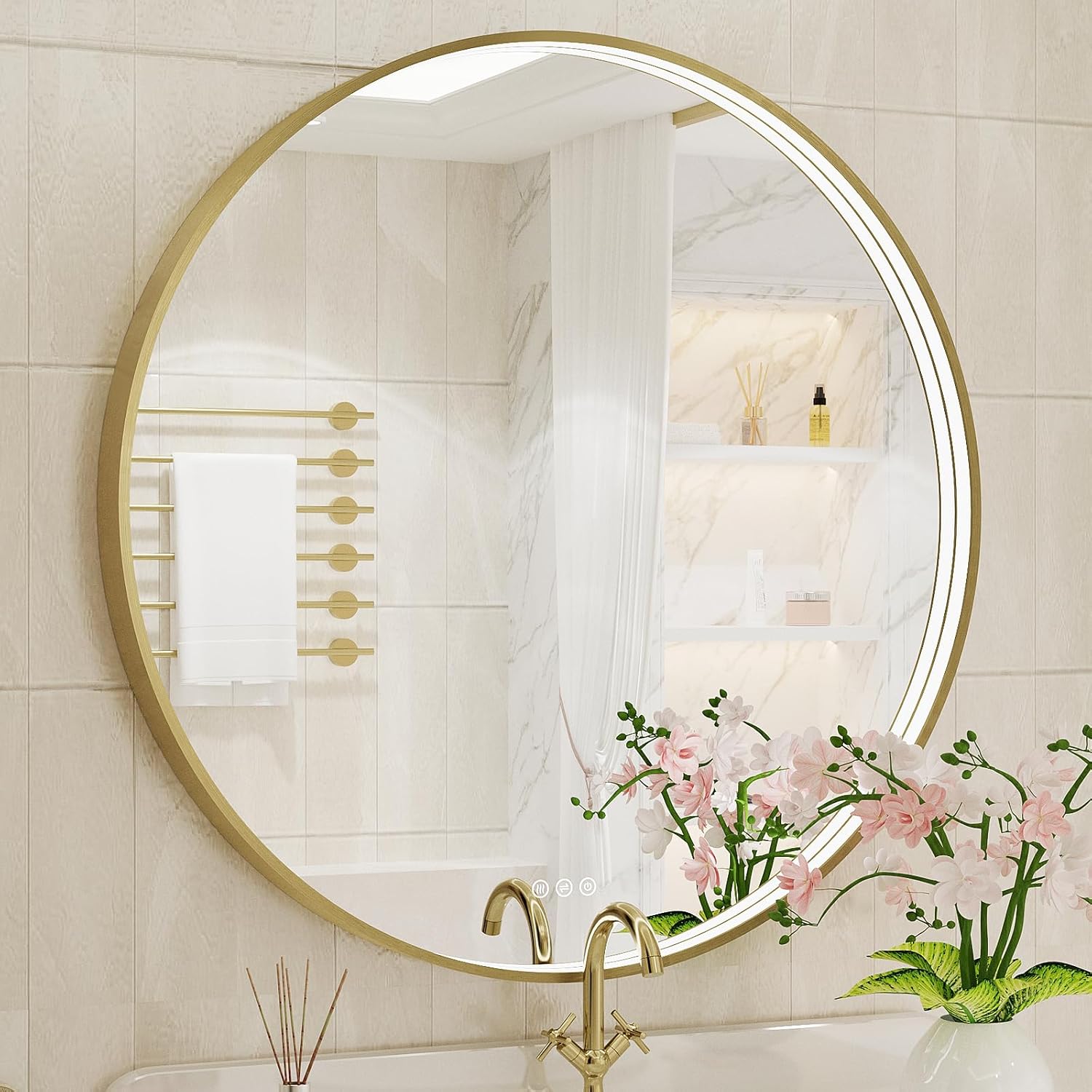 Twalsu 36 Inch Round LED Bathroom Mirror, Gold Metal Framed Lighted Mirror for Bathroom, Wall Mouted LED Vanity Mirror with Lights, 3 Colors and Stepless Dimmable, Anti-Fog, Memory