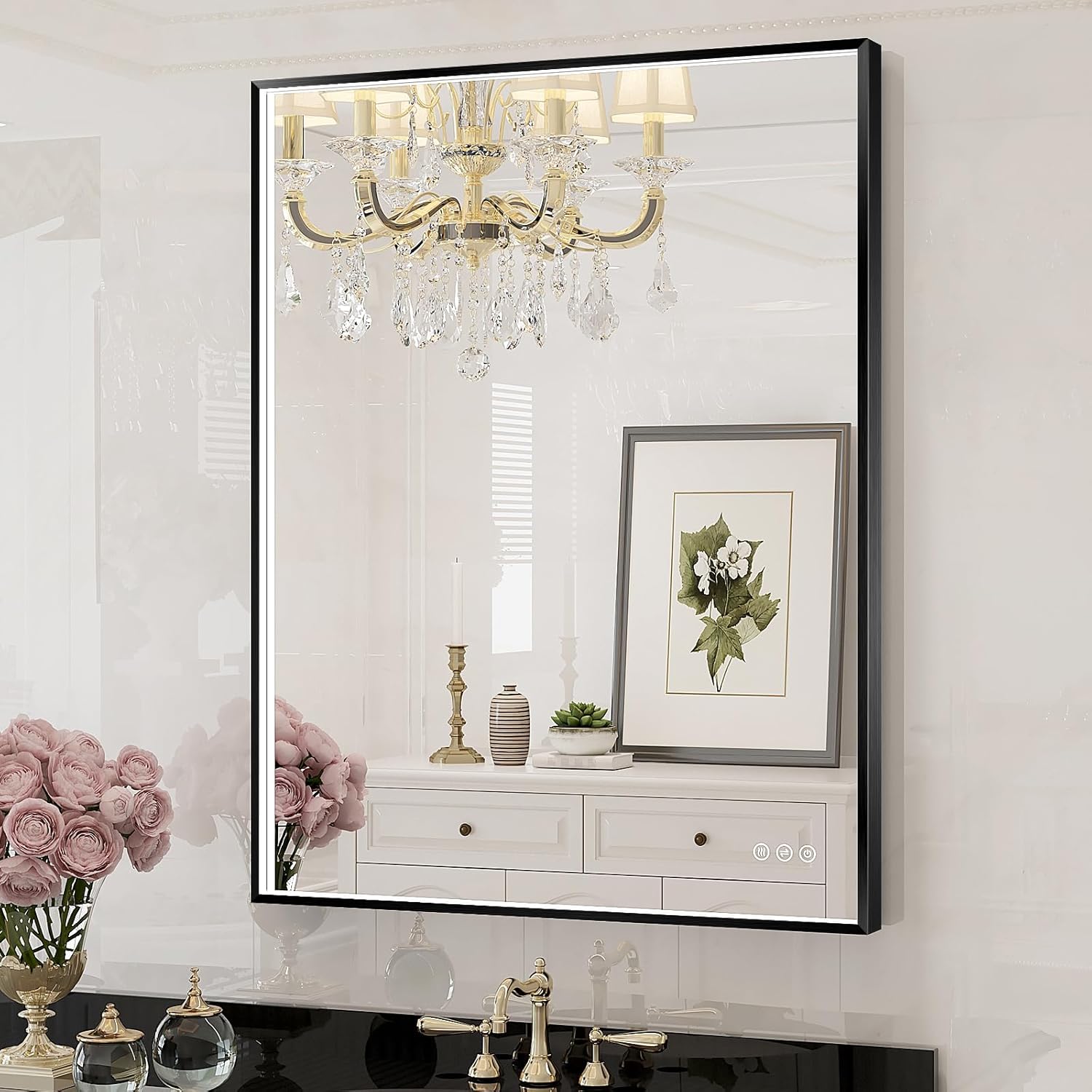 Twalsu 28x36 Inch LED Bathroom Mirror, Black Metal Framed Lighted Mirror for Bathroom, Wall Mouted LED Vanity Mirror with Lights, 3 Colors and Stepless Dimmable, Anti-Fog, Memory