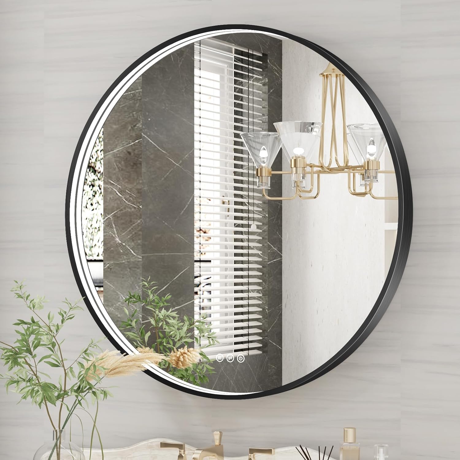 Twalsu 32 Inch Round LED Bathroom Mirror, Black Metal Framed Lighted Mirror for Bathroom, Wall Mouted LED Vanity Mirror with Lights, 3 Colors and Stepless Dimmable, Anti-Fog, Memory