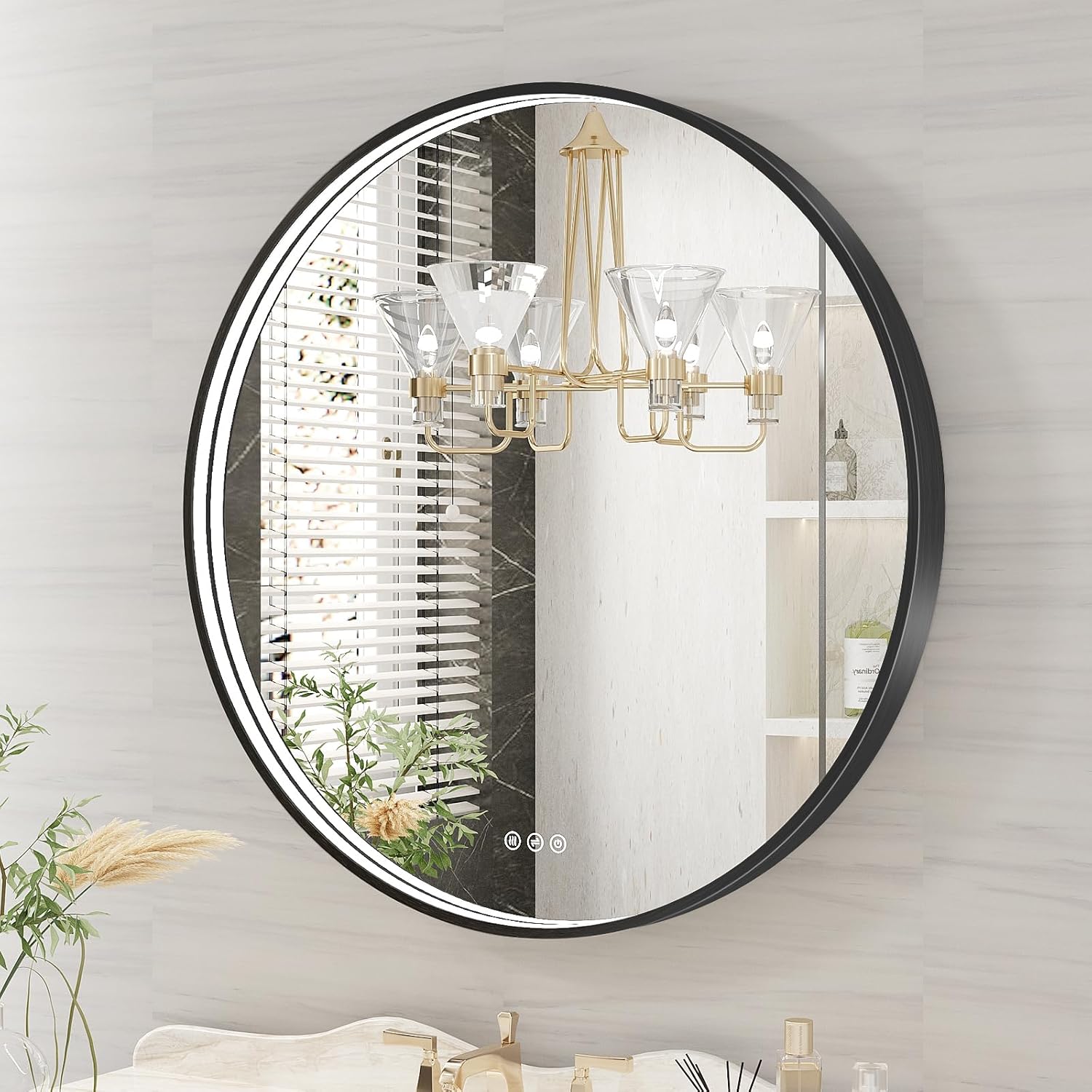 Twalsu 28 Inch Round LED Bathroom Mirror, Black Metal Framed Lighted Mirror for Bathroom, Wall Mouted LED Vanity Mirror with Lights, 3 Colors and Stepless Dimmable, Anti-Fog, Memory