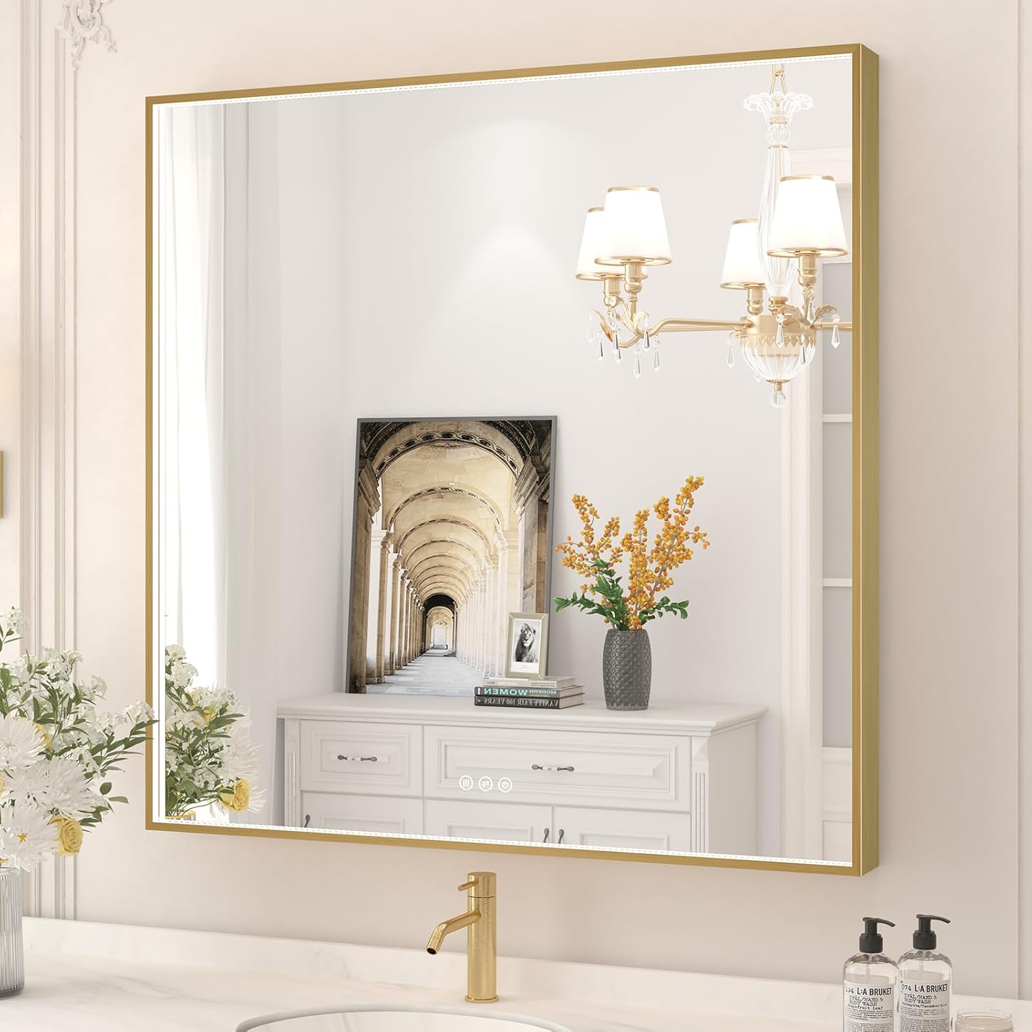 Twalsu 36x36 Inch LED Bathroom Mirror, Gold Metal Framed Lighted Mirror for Bathroom, Wall Mouted LED Vanity Mirror with Lights, 3 Colors and Stepless Dimmable, Anti-Fog, Memory