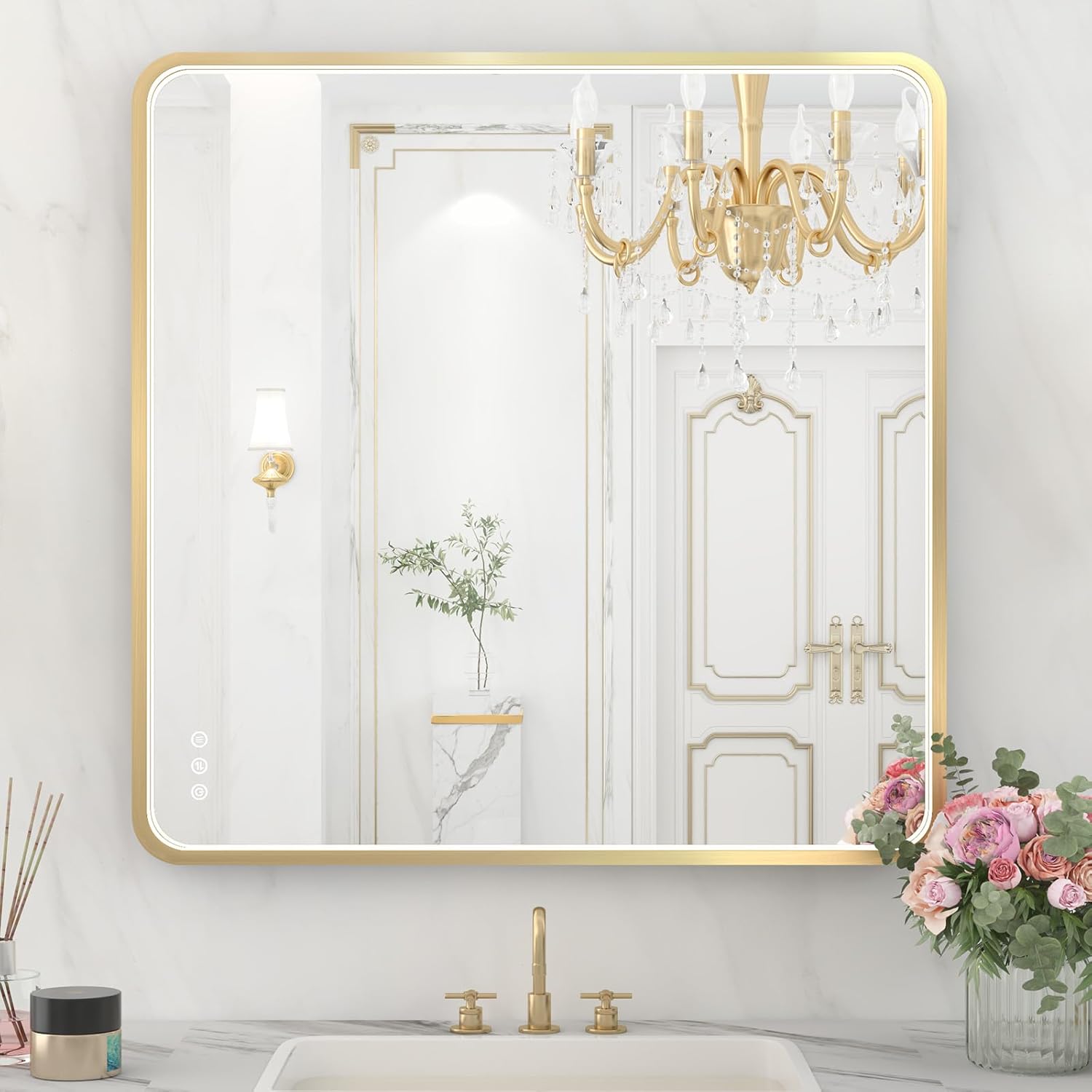 Twalsu LED Bathroom Mirror with Lights, 36x36 Inch Gold Metal Framed LED Mirror for Bathroom, 3 Colors and Stepless Dimmable Wall Mounted Lighted Bathroom Vanity Mirror, Anti-Fog, Memory