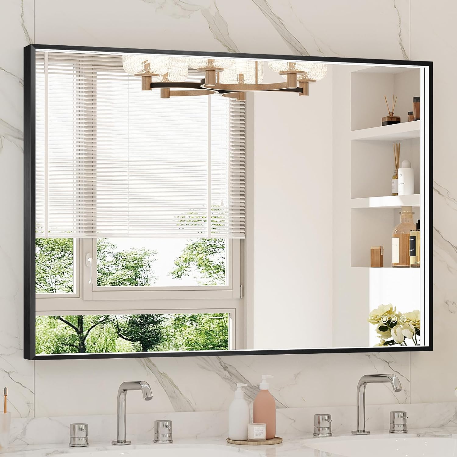 Twalsu 40x28 Inch LED Bathroom Mirror, Black Metal Framed Lighted Mirror for Bathroom, Wall Mouted LED Vanity Mirror with Lights, 3 Colors and Stepless Dimmable, Anti-Fog, Memory