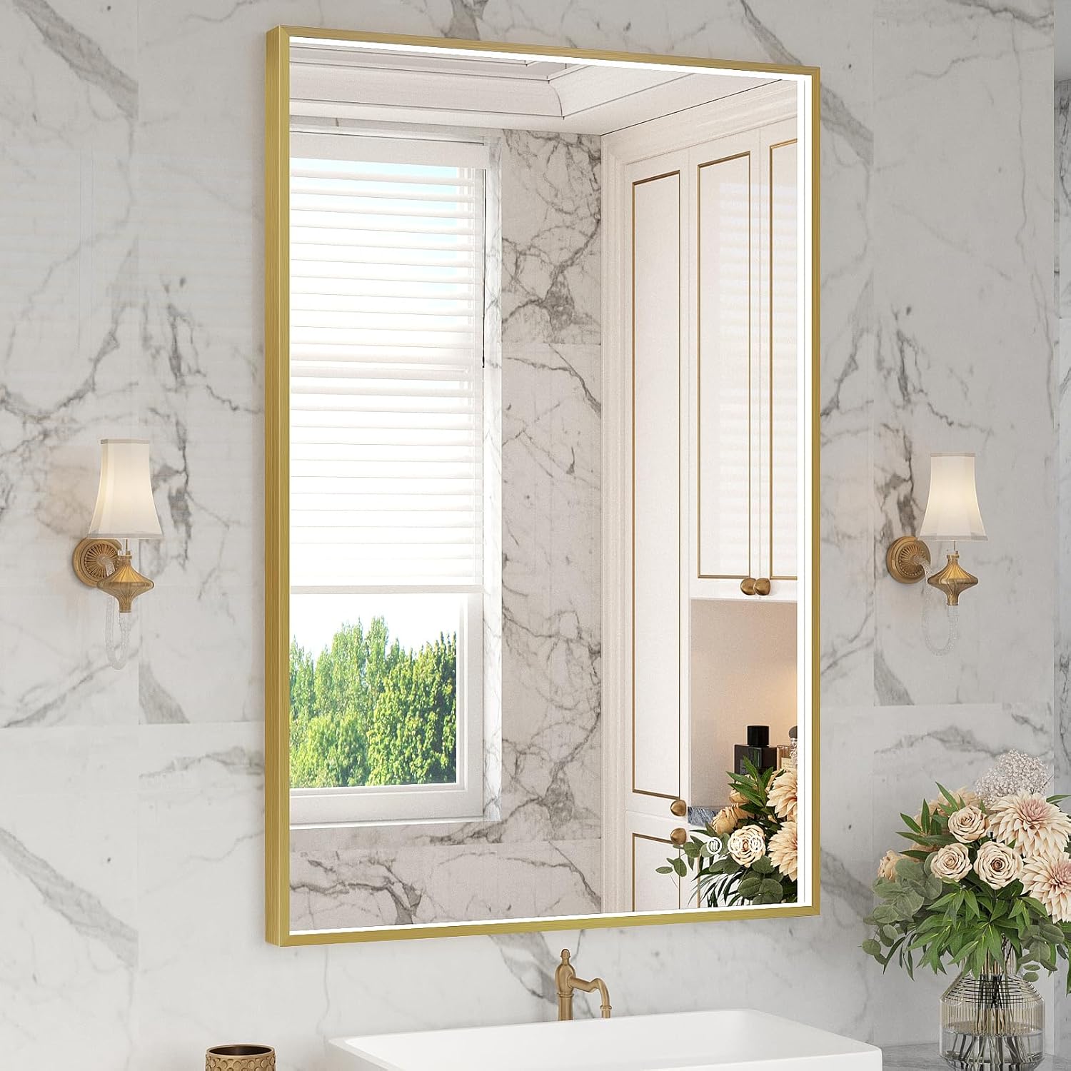 Twalsu 24x36 Inch LED Bathroom Mirror, Gold Metal Framed Lighted Mirror for Bathroom, Wall Mouted LED Vanity Mirror with Lights, 3 Colors and Stepless Dimmable, Anti-Fog, Memory