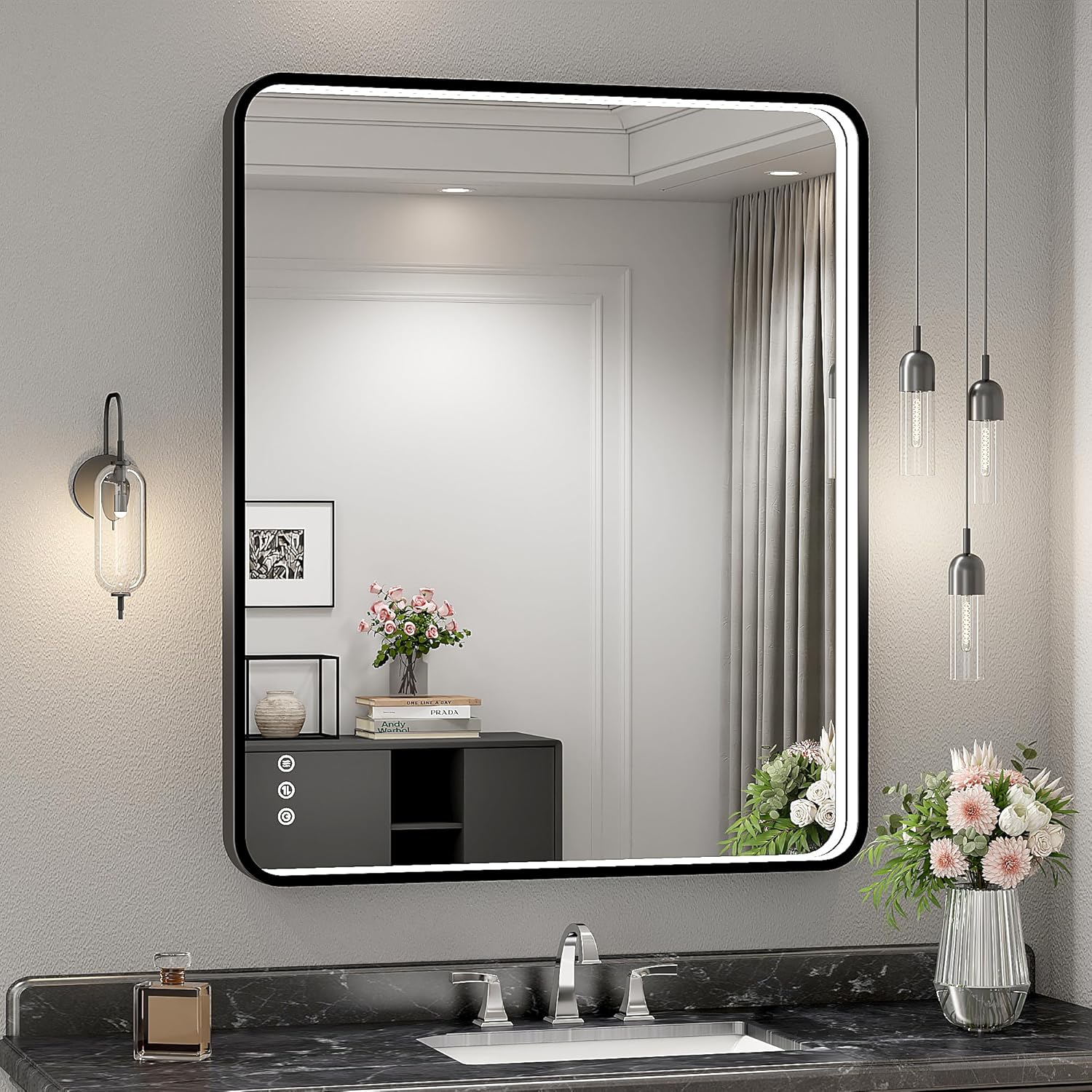 Twalsu 30x36 Inch LED Bathroom Mirror with Lights, Black Metal Framed LED Mirror for Bathroom, 3 Colors and Stepless Dimmable Wall Mounted Lighted Bathroom Vanity Mirror, Anti-Fog, Memory