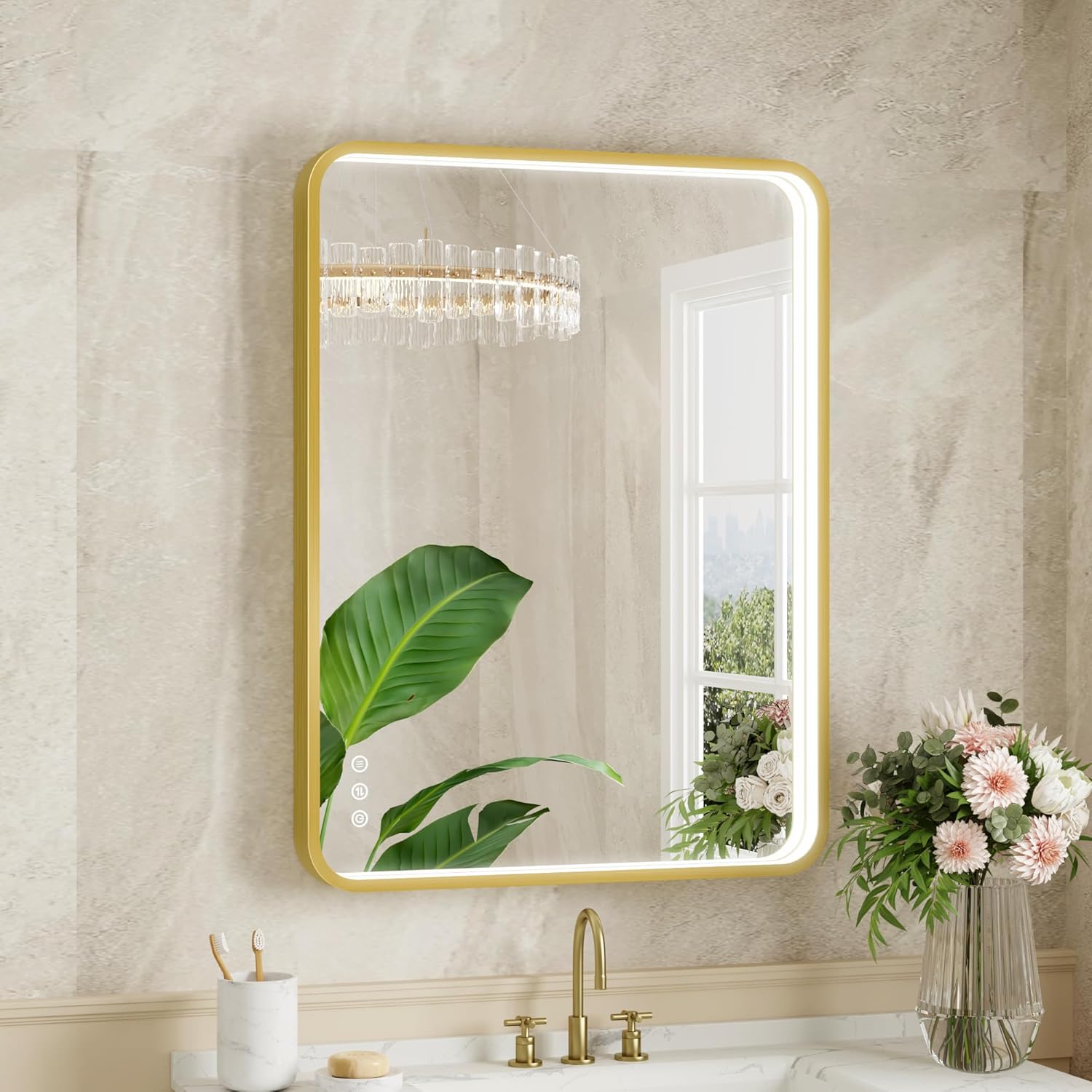 Twalsu LED Bathroom Mirror with Lights, 24x32 Inch Gold Metal Framed LED Mirror for Bathroom, 3 Colors and Stepless Dimmable Wall Mounted Lighted Bathroom Vanity Mirror, Anti-Fog, Memory
