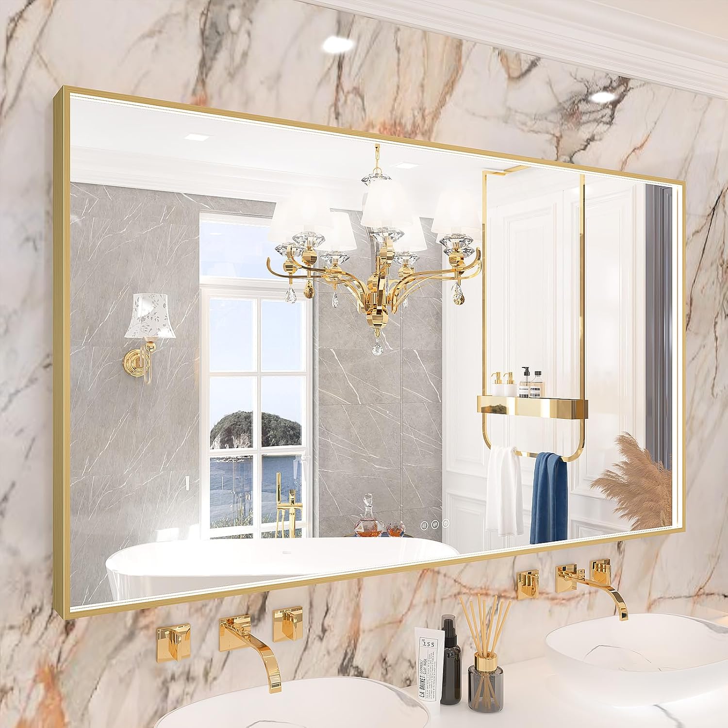 Twalsu 55x32 Inch LED Bathroom Mirror, Gold Metal Framed Lighted Mirror for Bathroom, Wall Mouted LED Vanity Mirror with Lights, 3 Colors and Stepless Dimmable, Anti-Fog, Memory