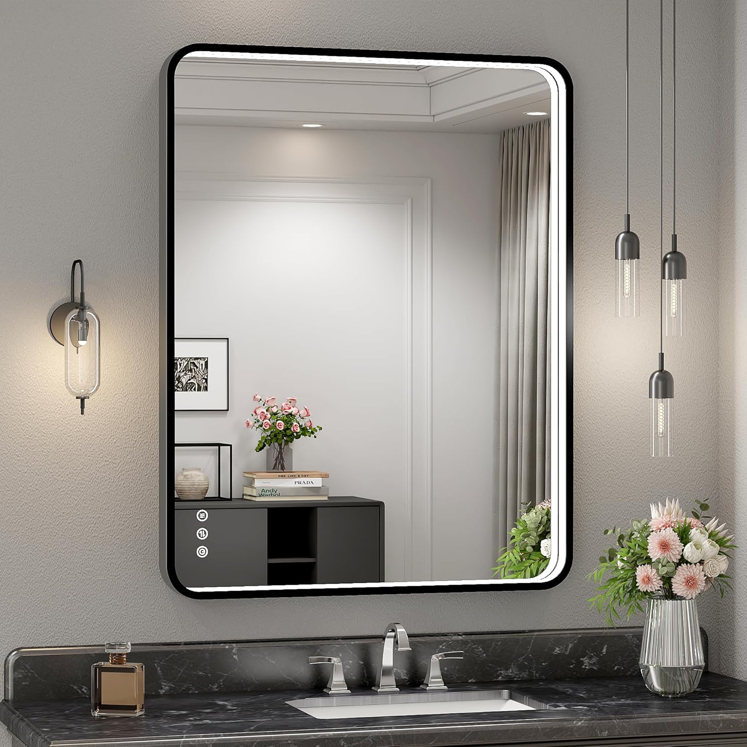 Twalsu 28x36 Inch LED Bathroom Mirror with Lights, Black Metal Framed LED Mirror for Bathroom, 3 Colors and Stepless Dimmable Wall Mounted Lighted Bathroom Vanity Mirror, Anti-Fog, Memory