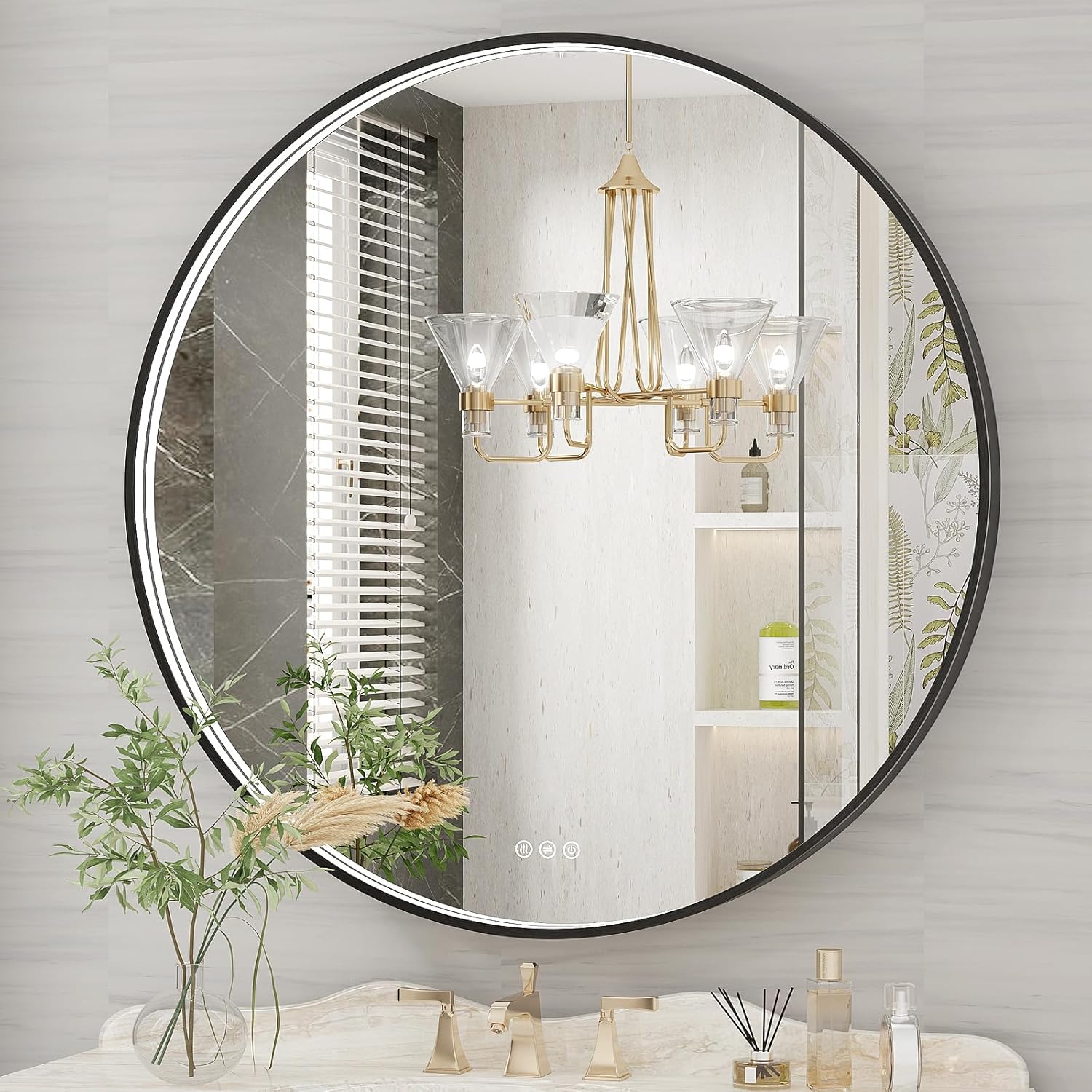 Twalsu 36 Inch Round LED Bathroom Mirror, Black Metal Framed Lighted Mirror for Bathroom, Wall Mouted LED Vanity Mirror with Lights, 3 Colors and Stepless Dimmable, Anti-Fog, Memory