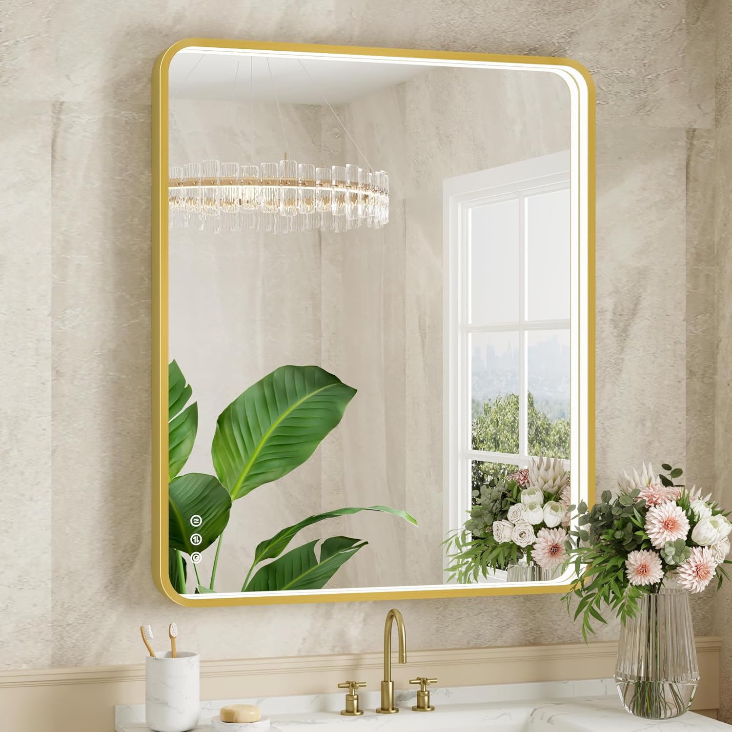 Twalsu LED Bathroom Mirror with Lights, 30x36 Inch Gold Metal Framed LED Mirror for Bathroom, 3 Colors and Stepless Dimmable Wall Mounted Lighted Bathroom Vanity Mirror, Anti-Fog, Memory