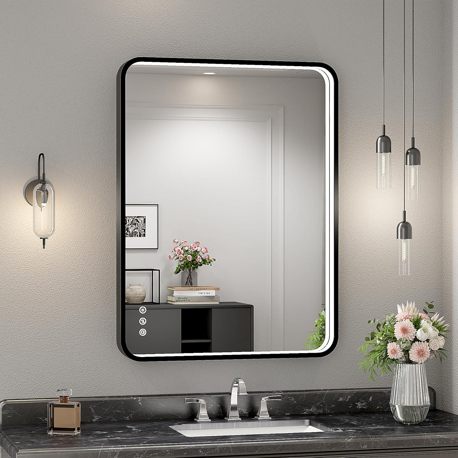 Twalsu 24x32 Inch LED Bathroom Mirror with Lights, Black Metal Framed LED Mirror for Bathroom, 3 Colors and Stepless Dimmable Wall Mounted Lighted Bathroom Vanity Mirror, Anti-Fog, Memory