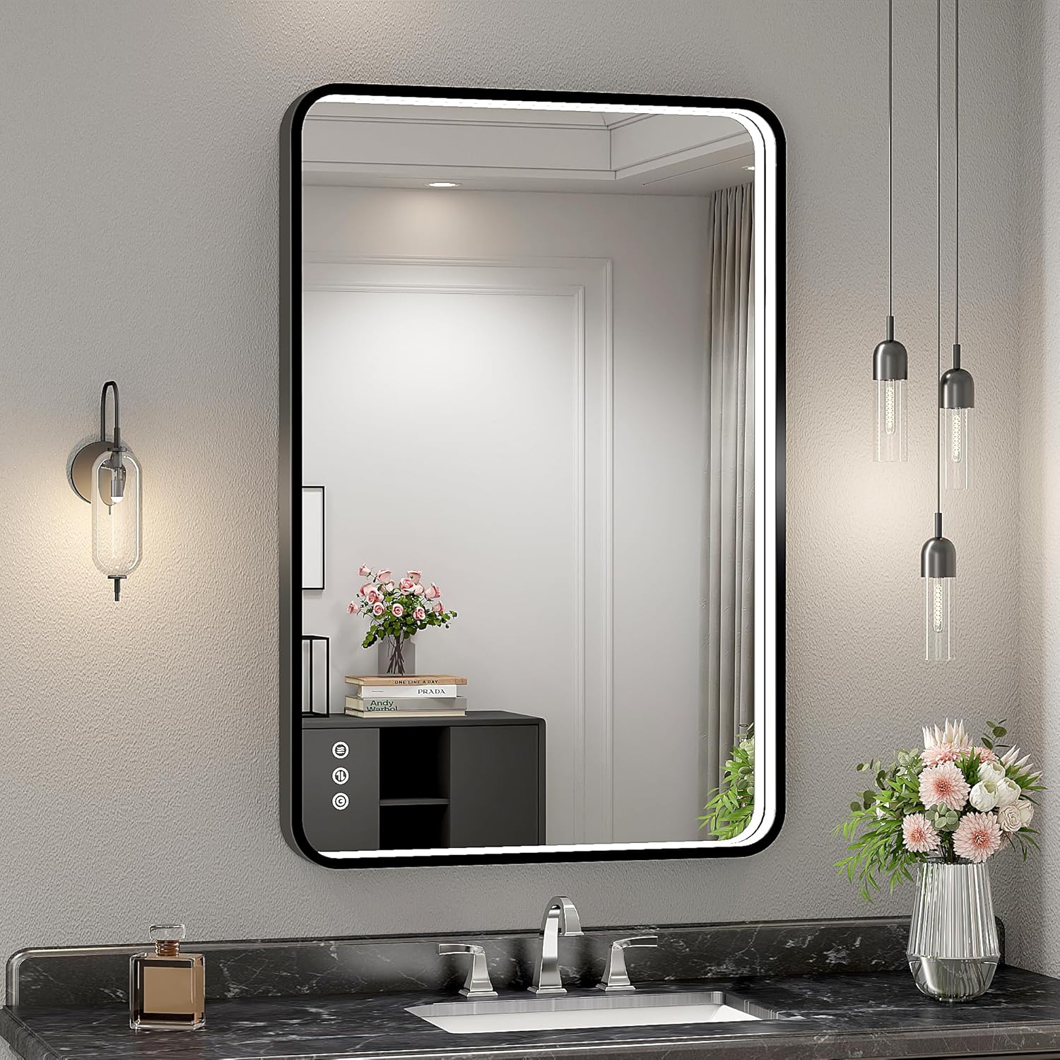 Twalsu 24x36 Inch LED Bathroom Mirror with Lights, Black Metal Framed LED Mirror for Bathroom, 3 Colors and Stepless Dimmable Wall Mounted Lighted Bathroom Vanity Mirror, Anti-Fog, Memory